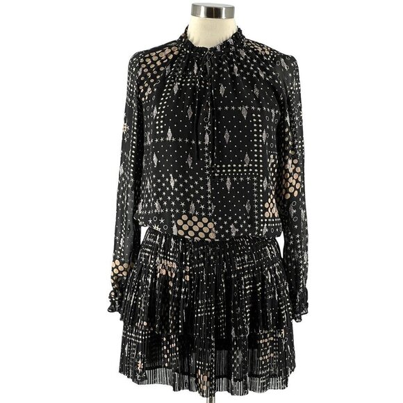 Current Air Black Gold Star Dot Print Long Sleeve Tiered Skirt Boho Mini Dress S - Picture 2 of 14